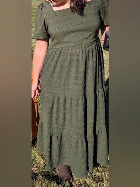 Women's Olive Green Tiered Maxi Dress - Elegant Square Neck